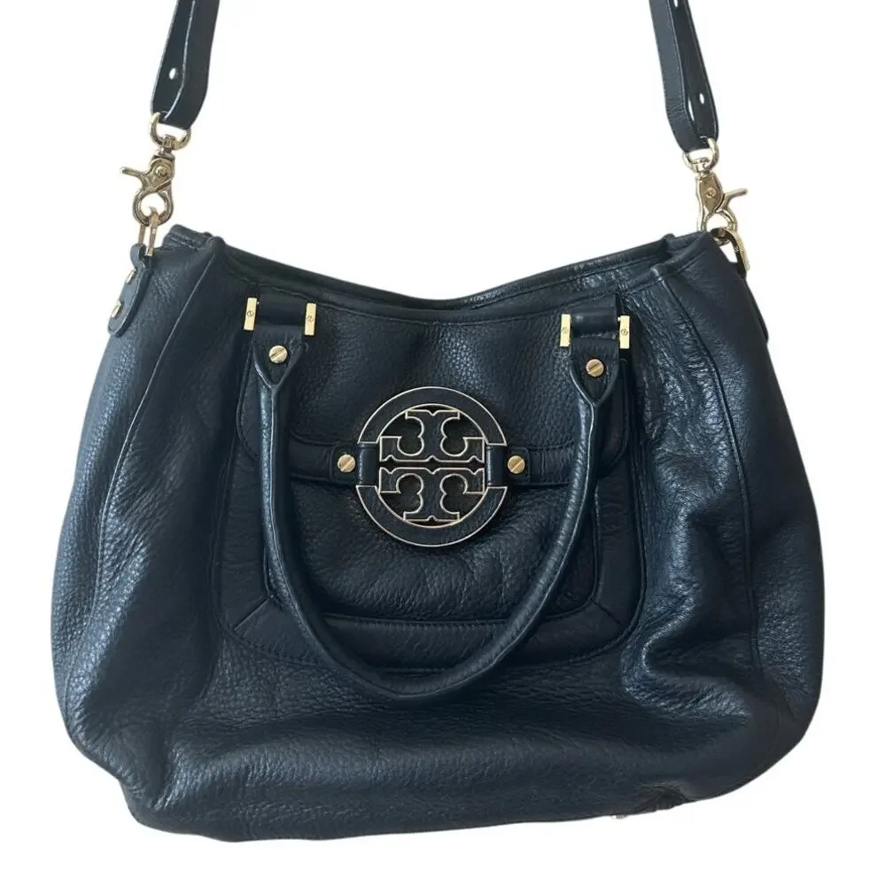 Tory Burch Amanda Slouchy Hobo Black Pebbled Leather‎ Gold Logo